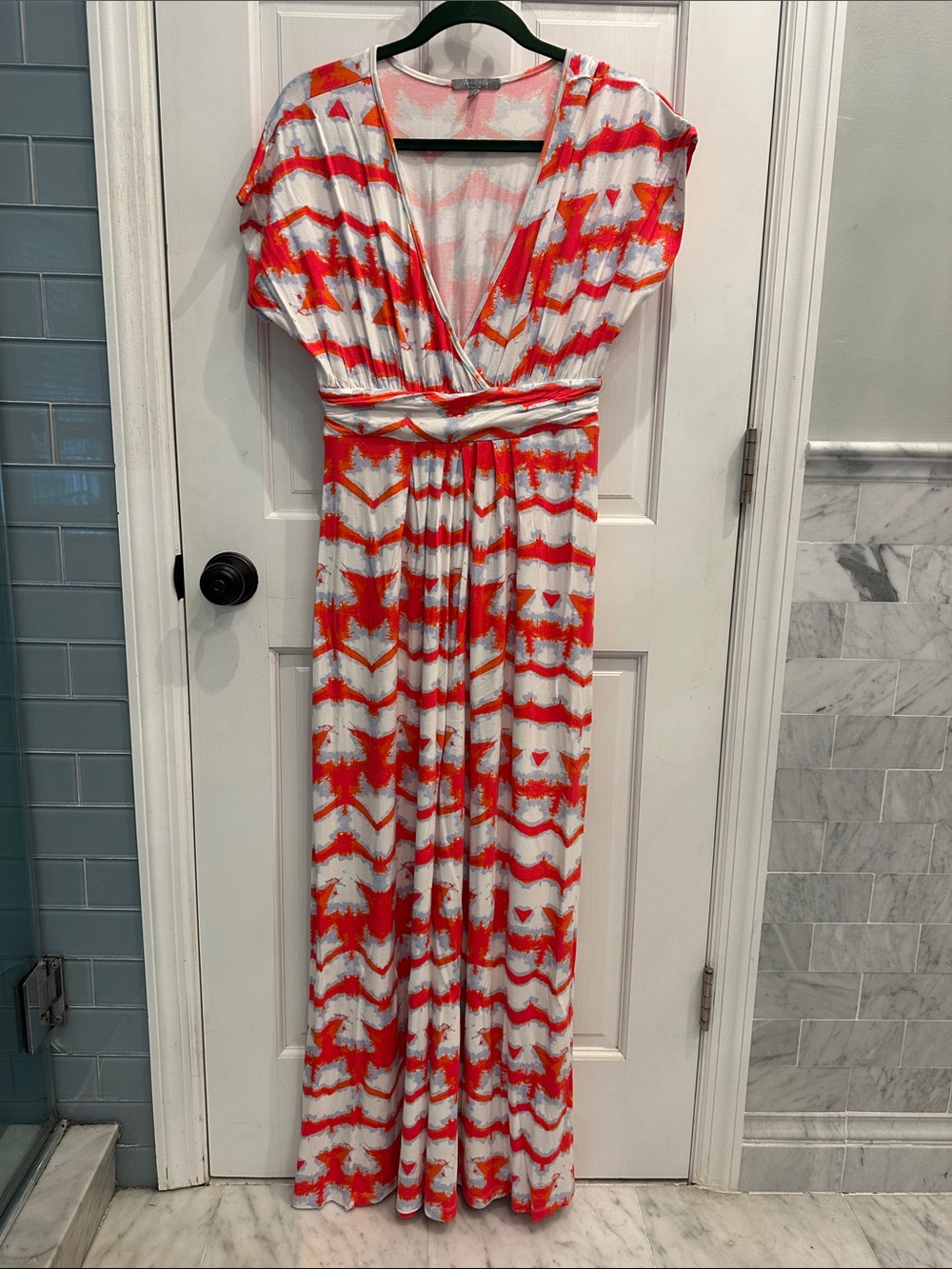 Surplice V-Neck Orange & White Maxi Dress